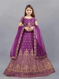 Purple Banglory semi-stitched silk blend lehenga choli for girls (3-7 years), embroidered & lace net duppata, casual & festive wear