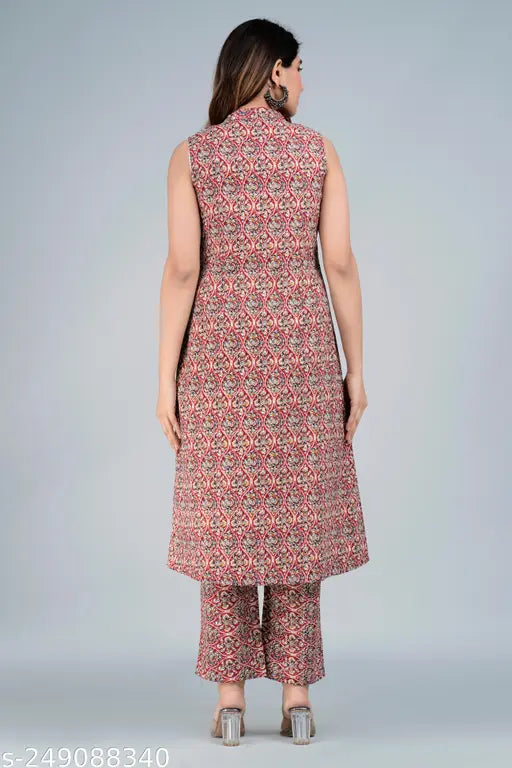 Women's cotton printed A-line kurta and palazzo set, stylish sleeveless outfit in Indian print design