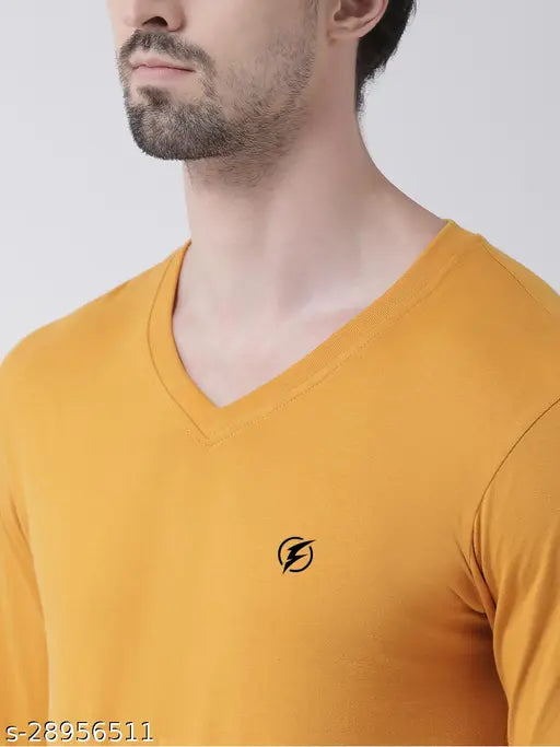 Mustard Friskers Men's Long Sleeve V-Neck Solid Cotton T-shirt, lightweight and breathable