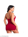 Stylish black and maroon nylon babydoll night dress, spaghetti top and shorts, sleeveless design, free size 28-36in, women's and girls sleepwear from India