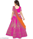 Embroidered poly silk lehenga choli ethnic wear for girls, semi-stitched net duppata on display, Indian origin