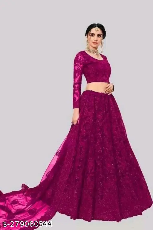 Embroidered net lehenga choli with detailed embroidery, semi-stitched for women's wedding wear. Indian-origin embroidered duppata included