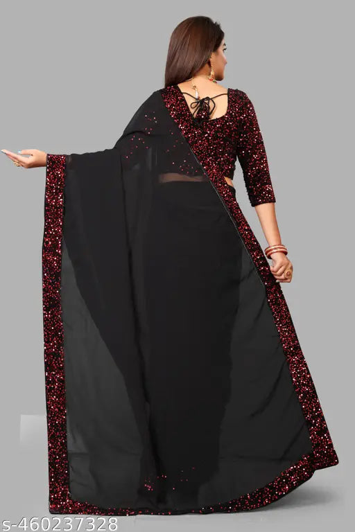 Black georgette sequin saree with embroidered net blouse, free size, 5.5m length, India origin