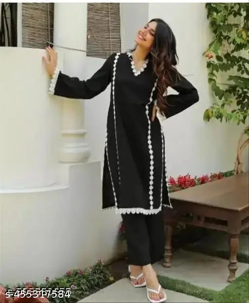 Women's black rayon straight kurta with pant set, three-quarter sleeves and solid pattern, pack of 2 (S-XXXL), Pakistan-inspired style