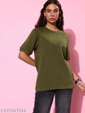 Olive oversized cotton sweatshirt for women, solid pattern and short sleeves