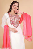 Georgette kurti set with sharara and dupatta, embroidered and three-quarter sleeves, India origin