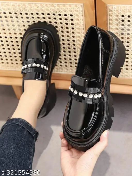 Detailed synthetic black loafers for women, bead embellished slip-on bellies, classic Indian footwear