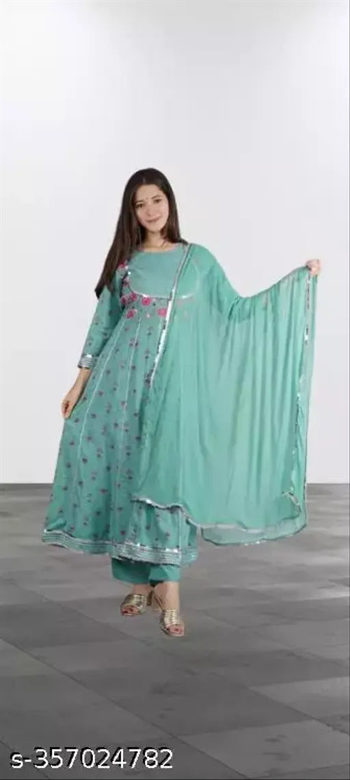 Printed floral cotton A-line kurta with dupatta and pants, rayon blend, three-quarter sleeves, XL size