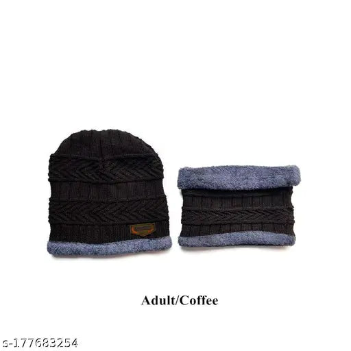 Brown knitted fleece beanie cap with fur lining & matching scarf - Snow/Air proof winter accessory for men/women/ladies/girls (Indian origin)