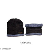 Brown knitted fleece beanie cap with fur lining & matching scarf - Snow/Air proof winter accessory for men/women/ladies/girls (Indian origin)
