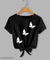 Trendy black lycra crop top with white butterfly print, perfect for girls' fashion