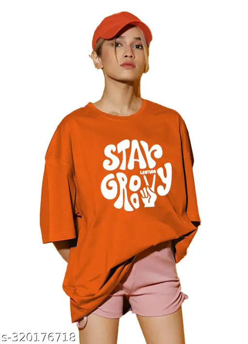 Cotton blend oversized t-shirt for women, trendy printed round neck, available in multiple sizes