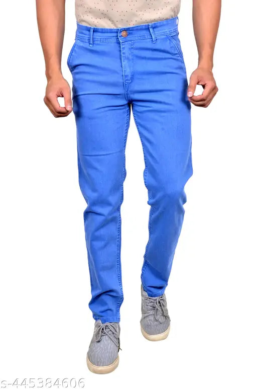 Sky blue denim men's jeans pack of 1, featuring sizes from 28 to 40 inches. Indian-origin durable denim apparel