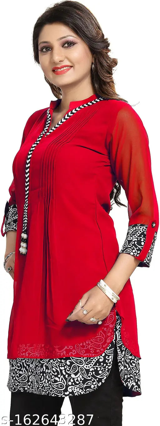 Red and white solid Georgette A-line kurta for women, three-quarter sleeves fashion wear on display