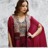 Purple Georgette gown with long sleeves, ready-pleated for easy wear, Indian party wear
