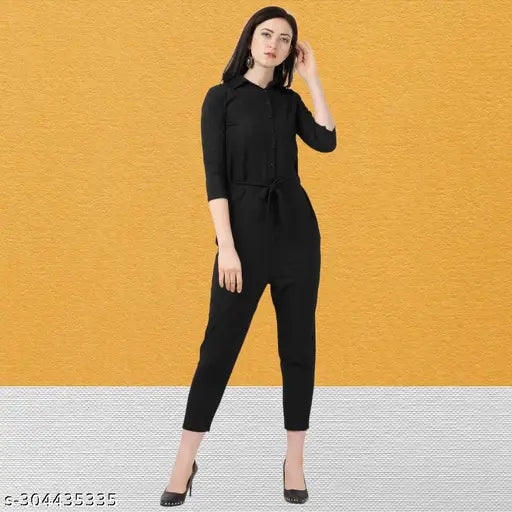 Black poly crepe jumpsuit for women and girls, suitable for everyday & formal events, Indian-made