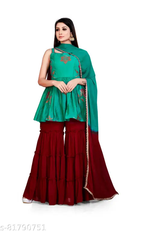 Viscose Silk kurta with sharara bottom in trendy printed net design. Sleeveless, single set available in sizes M, L, XL, XXL from India