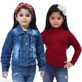 Blue & Maroon Denim Jacket Combo Pack for Girls aged 2-8 years, includes sizes 4-5, 5-6, 6-7, and 7-8 years. High-quality denim and wool fabric for long-lasting wear. Perfect for casual outfits and winter events. Versatile addition to her wardrobe. Made in India