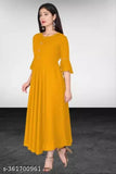 Mustard rayon Anarkali kurti with gown flare, round flared 48" length and three-quarter sleeves for women's casual or formal wear