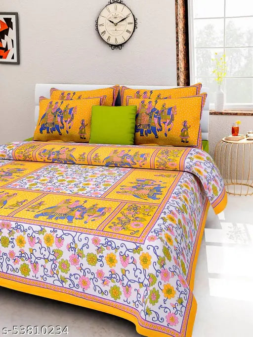 Sanganeri printed cotton double bedsheet combo pack, featuring 2 bedsheets and 4 pillow covers in Jaipuri print. Ideal for adult use (160 thread count)