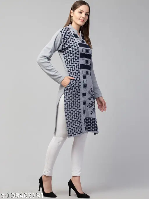 Grey wool women's long-sleeved kurti with printed combo, ideal for winter wardrobes. Handcrafted in India