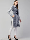 Grey wool women's long-sleeved kurti with printed combo, ideal for winter wardrobes. Handcrafted in India