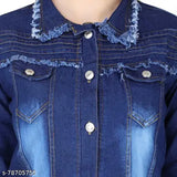 Dark denim women's 3-patti jacket, solid pattern, long sleeves, India-origin