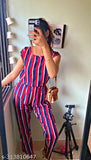 Striped crepe women's jumpsuit, trendy fashion for M size with 36in bust, 58in length, 34in waist (India)