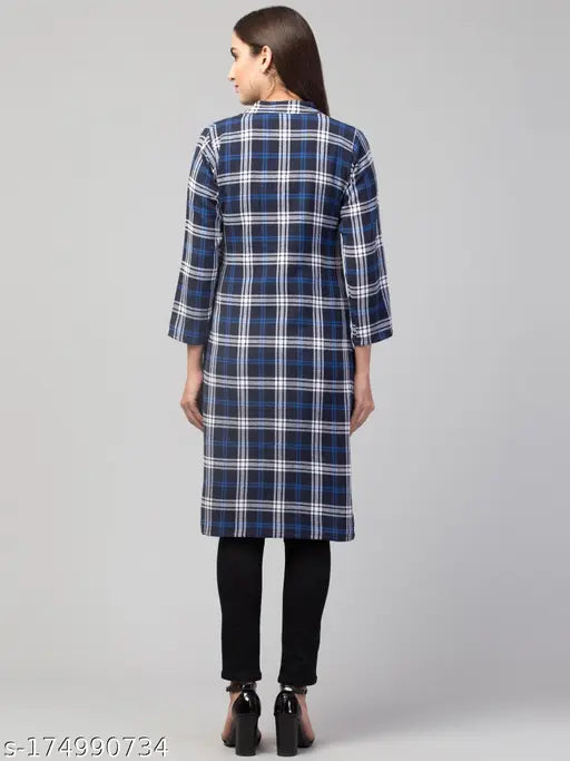 Blue checkered straight kurta, woolen women's clothing for winter, warm and stylish fashion by RVS FASHION MART