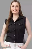 Black denim sleeveless collar neck women's regular jacket - solid denim fashion from India