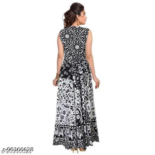 Retro stylish cotton blend maxi dress, printed combo, sleeveless, cap sleeves, women's and girls, Jaipuri origin