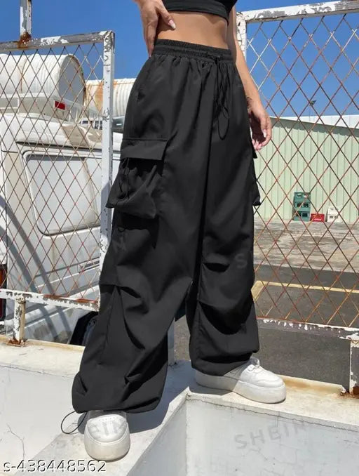 Black polycotton NS pant for girls - High-waisted, lightweight cargo pants with a solid net pattern. Ideal gift for the beautiful lady in your life