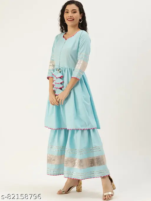 Sky blue solid nylon Kurta Sets & Sharara with Dupatta set, cotton blend for women's fashion, three-quarter sleeves, India origin