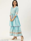 Sky blue solid nylon Kurta Sets & Sharara with Dupatta set, cotton blend for women's fashion, three-quarter sleeves, India origin