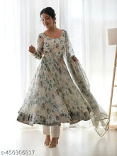 Georgette Delta Grey PataWhite printed net maxi gown for women with long sleeves, size S-XXXL, made in India