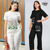 Cotton linen and embroidery lounge set for women (2pcs), soft & breathable Indian import with puff sleeves kurta and elastic half-belt palazzo, featuring intricate digital prints