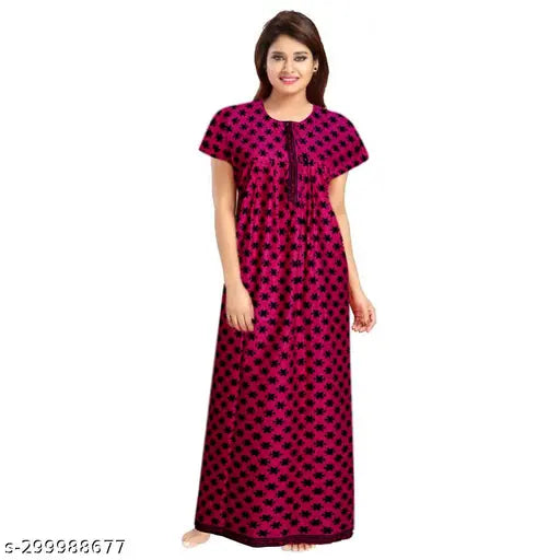 Cotton printed net nightgown for women, 100% soft cotton, adjustable (L, XL, XXL, Free Size), gentle wash, ankle length, made in India