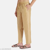 Women's golden poly blend solid net kurti pant, full elastic with drawstring and both side pockets, available in sizes 36, M, L, XL, XXL. Indian made, perfect for a comfortable fit