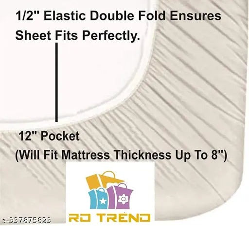 Attractive gold-hued glace cotton bedsheet (queen size) with elastic fit & 2 pillow covers, ideal for summer use on up to 8" mattresses