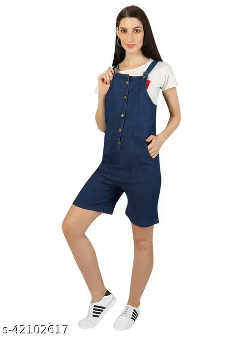 Denim women's jumpsuit, classy feminine solid-pattern short sleeves, size N from India
