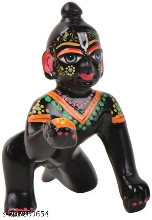 Brass hand-painted Krishna Idol Laddu Gopal, 84mm x 94mm x 62mm, Indian decorative showpiece