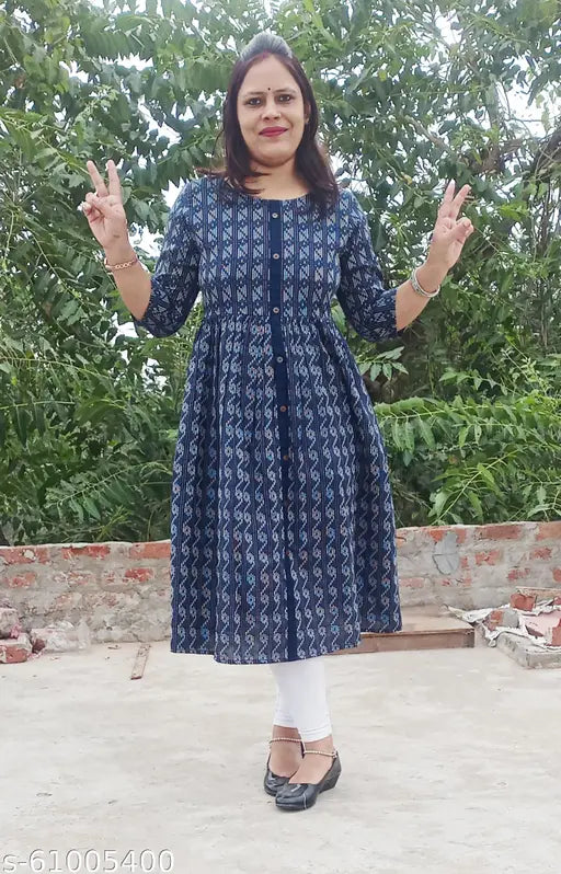 Stylish cotton kurti, printed Katha print, three-quarter sleeves, below knee length, India origin