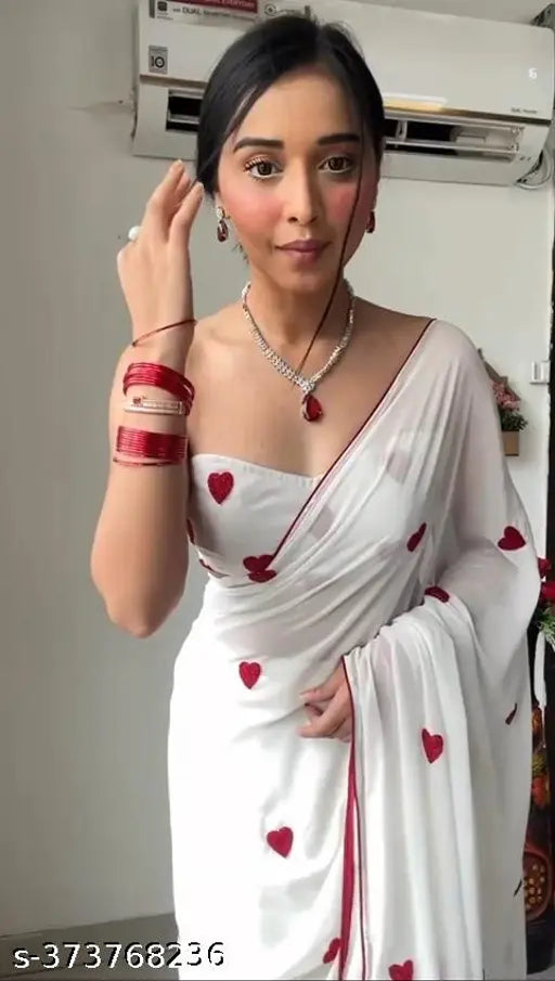 Red heart white Georgette saree with embroidered thread work, free size (5.5m x 0.8m), Durga Pooja special