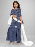 Rayon Printed kurta & Sharara set, A-line top with long sleeves and matching dupatta, for kids aged 6-12, Indian ethnic wear