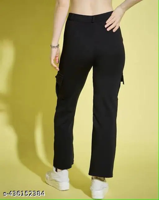 Black cotton lycra high-waisted cargo pants, stylish and versatile for casual or formal wear