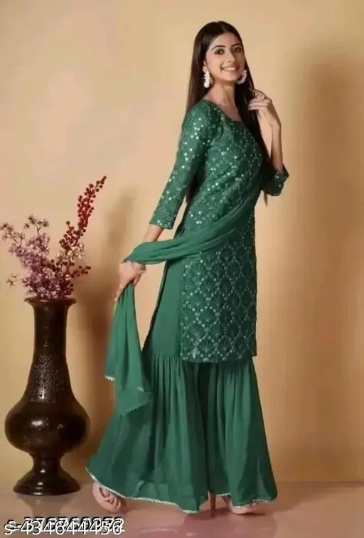Voguish georgette kurta set with dupatta and bottomwear, three-quarter sleeves, embroidered pattern on display