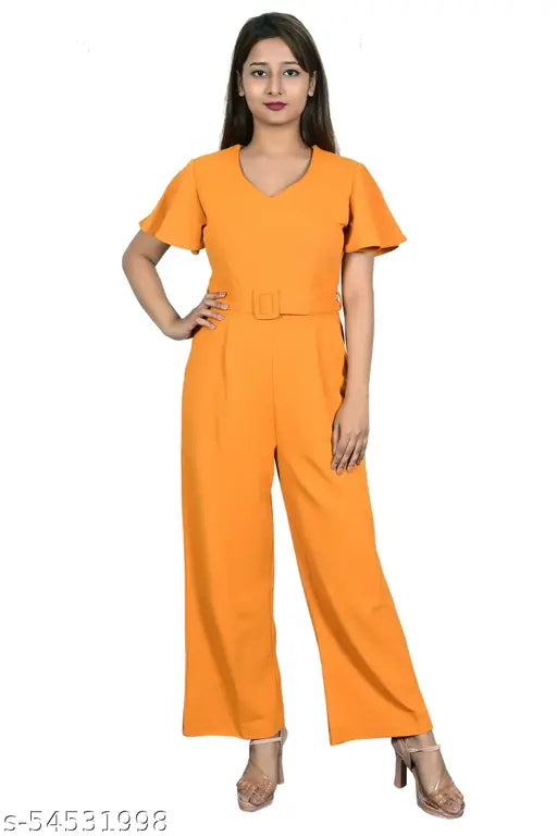 Mustard polyester women's jumpsuit, casual style with short sleeves, comfortable fit, straight hemline