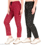 Trendy women's woolen winter printed pyjama pack 2 (S-XXL), featuring solid patterns & absorbent fabric for exercise comfort