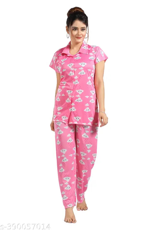 Satin printed womens pyjama set, coord set for girls & women, Indian-made top and bottom with short sleeves