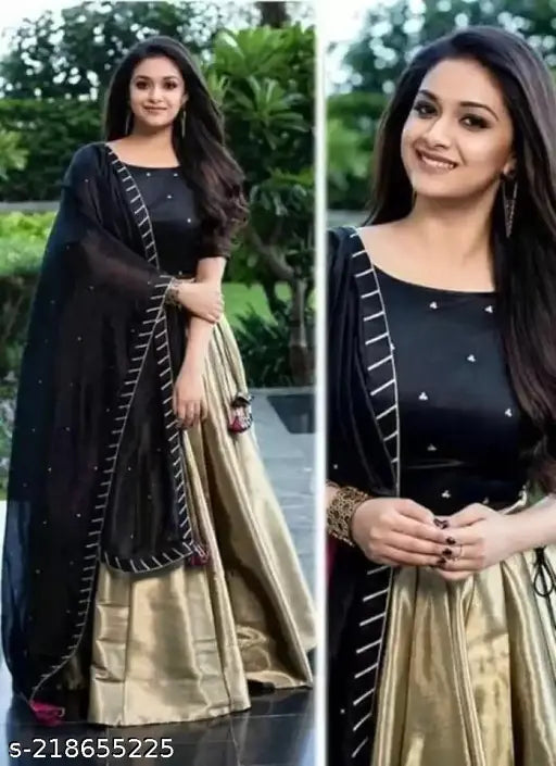 Embroidered satin lehenga with art silk bottom and chiffon dupatta, Indian wedding festival style for women